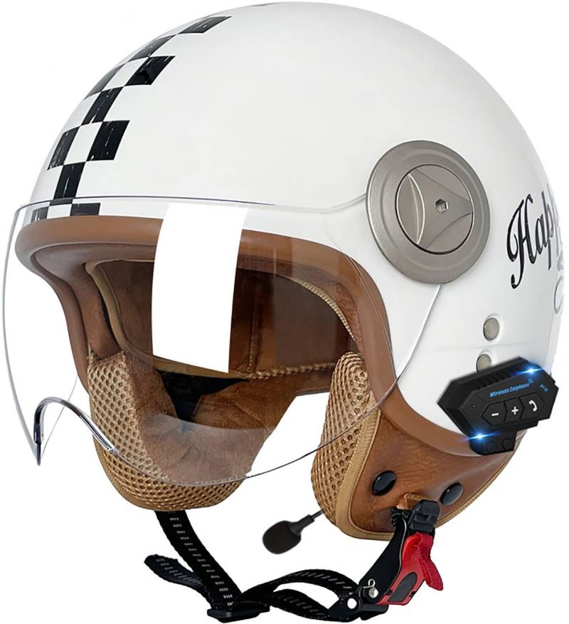 Bluetooth Motorradhelm Mit Sonnenblende Retro Motorrad Halbhelme Jethelm Halbschalenhelm Roller-Helm DOT/ECE-Zertifizierter Cruiser Scooter-Helm Schutzhelm Für Herren Und Damen 7,L=59-60CM von stdpcxz