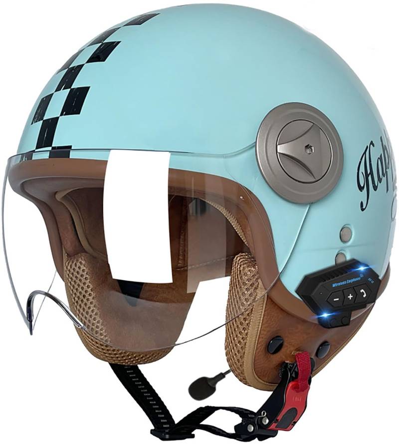 Bluetooth Motorradhelm Mit Sonnenblende Retro Motorrad Halbhelme Jethelm Halbschalenhelm Roller-Helm DOT/ECE-Zertifizierter Cruiser Scooter-Helm Schutzhelm Für Herren Und Damen 9,L=59-60CM von stdpcxz