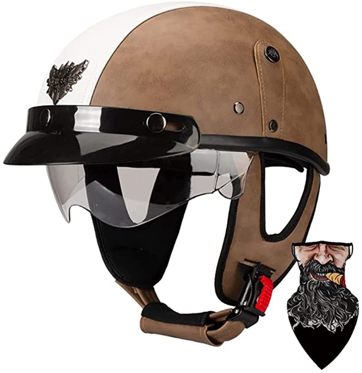 Leder Motorrad Halbhelme Retro Halbschalenhelm Mit Visier Jethelm Schnellverschluss Schnalle Brain-Cap Helm DOT/ECE-Zulassung Scooter-Helm Roller Helm Für Cruiser Chopper Biker Moped 2,XL von stdpcxz