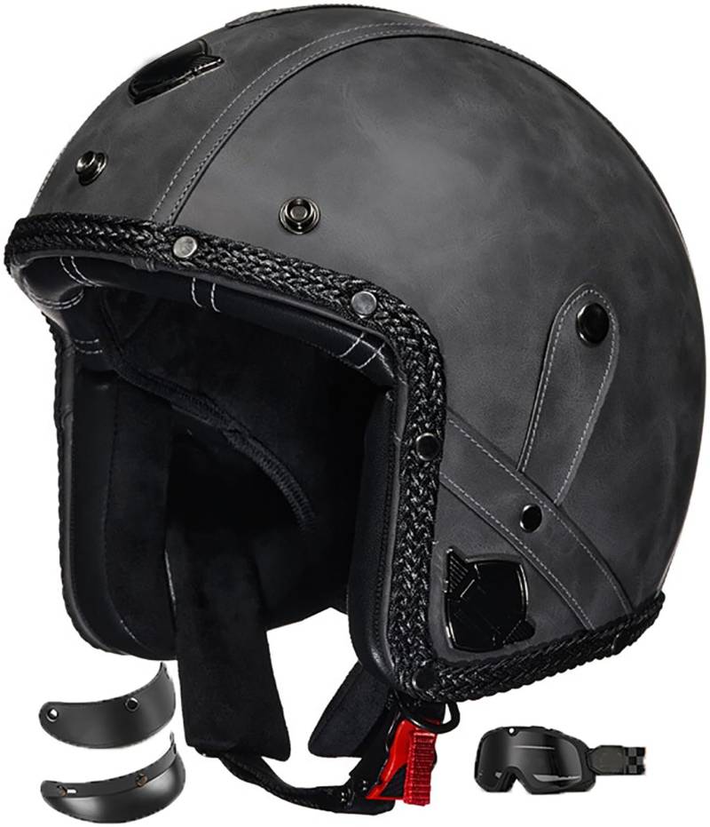 Motorrad Halbhelme Jethelme, Deutscher Stil Halbschale Helm Mit Sonnenblende, DOT/ECE-Zertifizierung Halbhelm Für Männern Und Frauen, Open Face Helm Für Scooter Moped Cruiser 3,L=59-60CM von stdpcxz