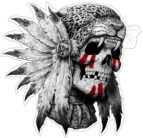 stickerdealer_chupacabra Native Jaguar Skull Aufkleber Sticker Schädel Indianer Totenkopf ca. 10x10 cm Federschmuck Katzen von stickerdealer_chupacabra