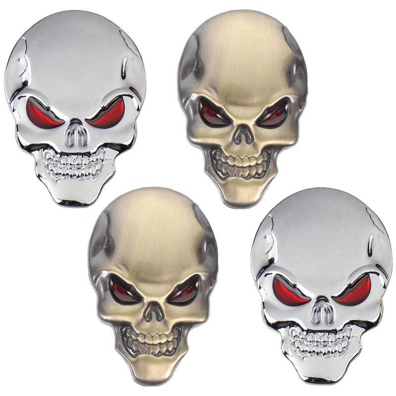 stroyayo 4 Stück Totenkopf Aufkleber Metall Totenkopf Aufkleber Totenkopf Aufkleber Auto 3D Aufkleber Auto Totenkopf Coole Auffällige Personalisierte Autoaufkleber für Motorräder Autos Helme von stroyayo