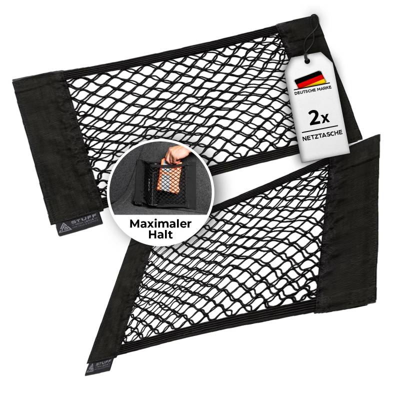 STUFF FROM ABOVE ® Aufbewahrungsnetz für Kofferraum in schwarz [2 Stück] - Mit sehr starkem Klett für perfekten Halt auf Filz - [38x25cm] - Aufbewahrung - Autonetz Organizer - Netztasche mit Klett von stuff from above