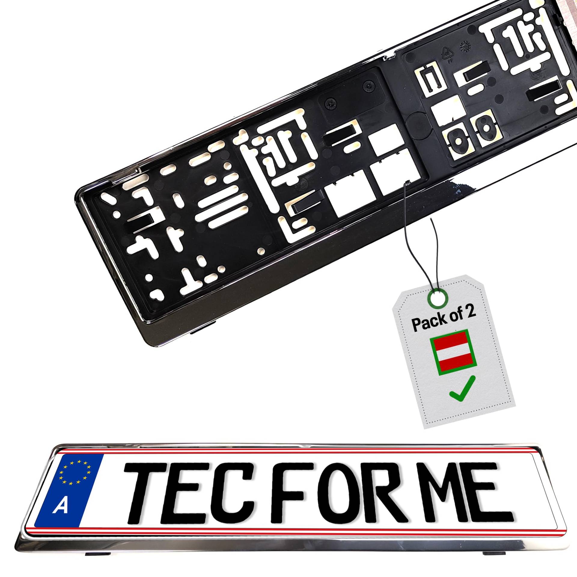 Chrom-Rahmen Kennzeichenhalter für at-Fahrzeuge, robust & witterungsbeständig, Flexibles Polypropylen,eElegantes Design, TÜV-geprüft, perfekte Anpassung an EU-Kennzeichengrößen von tec for me