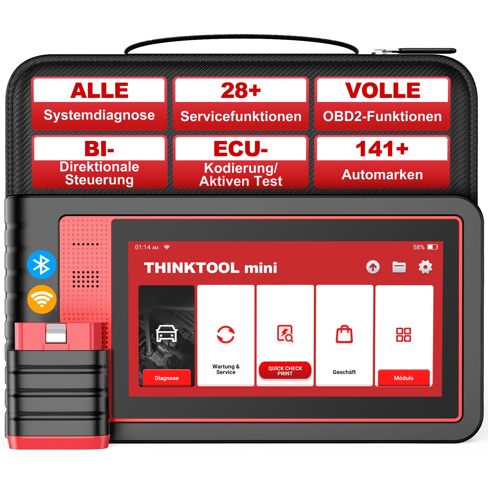 OBD2 Diagnosegerät, ThinkTool Mini Diagnosegerät Auto Mit Bluetooth, OE-Eben Kfz Auslesegerät Mit 28+ Servicefunktionen Und Vollsystem Vollfunktion, Kostenlosen Aktualisierungen von thinkcar