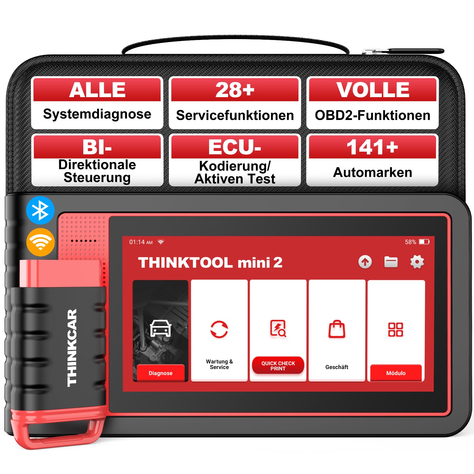 OBD2 Diagnosegerät Bluetooth, ThinkTool Mini2 Diagnosegerät Auto Mit 28+ Servicefunktionen Vollständige Systemdiagnose, Kfz Diagnosegerät Für Aktives Testen/ECU-Kodierung/Unterstützt CANFD-Protokoll von thinkcar