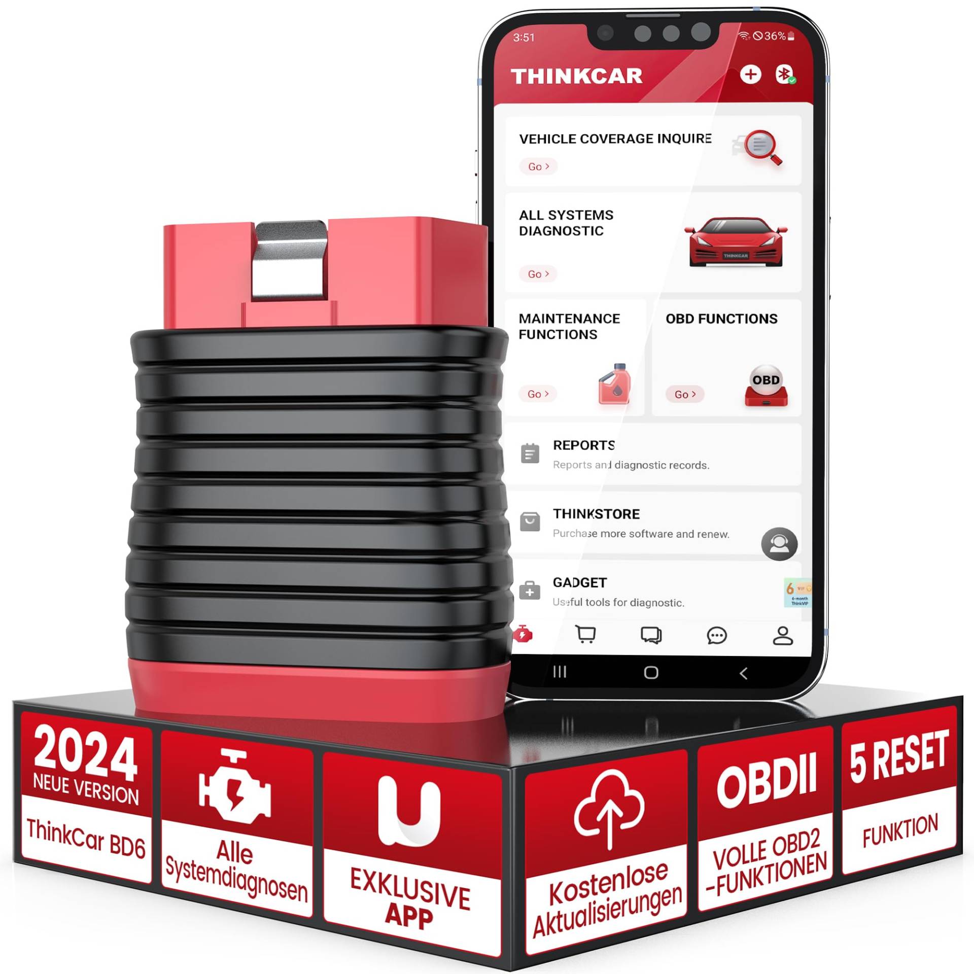 thinkcar OBD2 Bluetooth Adapter, BD6 OBD2 Diagnosegerät Mit Alle Systemdiagnosen + 5 Servicefunktionen(Bleed, Brake, Öllampen, IMMO, ETS), Diagnosegerät Auto Für iOS & Android Exklusive APP von thinkcar