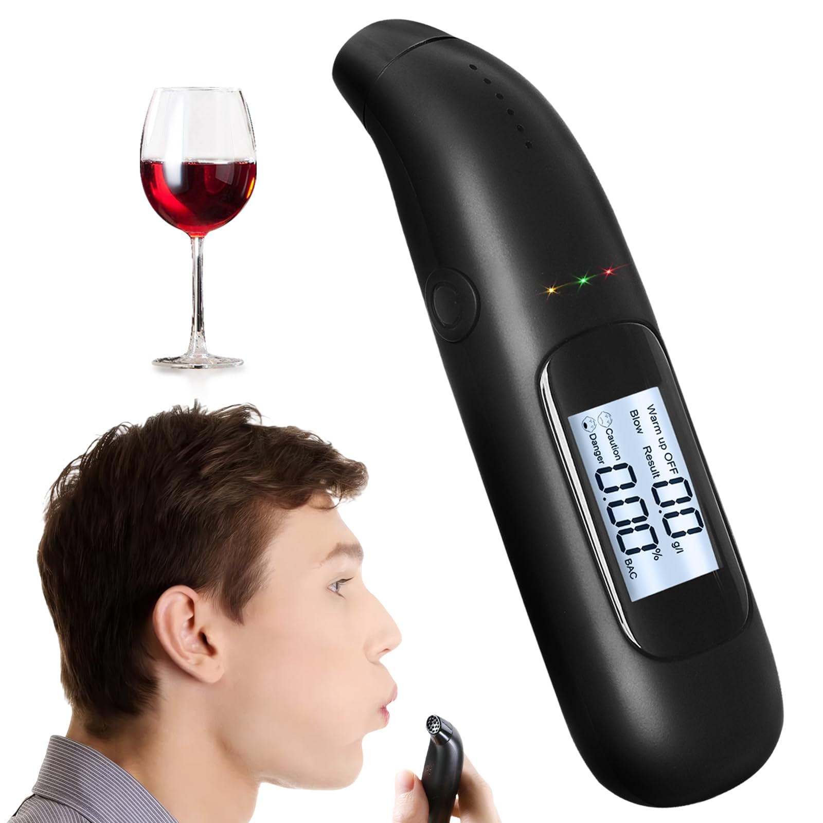 tlidfgeo Tragbarer Alkoholtester, Polyiezeigenau mit blauem LCD-Display, professionelles Alkoholmessgerät, unnötiges Mouthpieces, Alkoholtest, für den persönlichen und professionellen Gebrauch von tlidfgeo