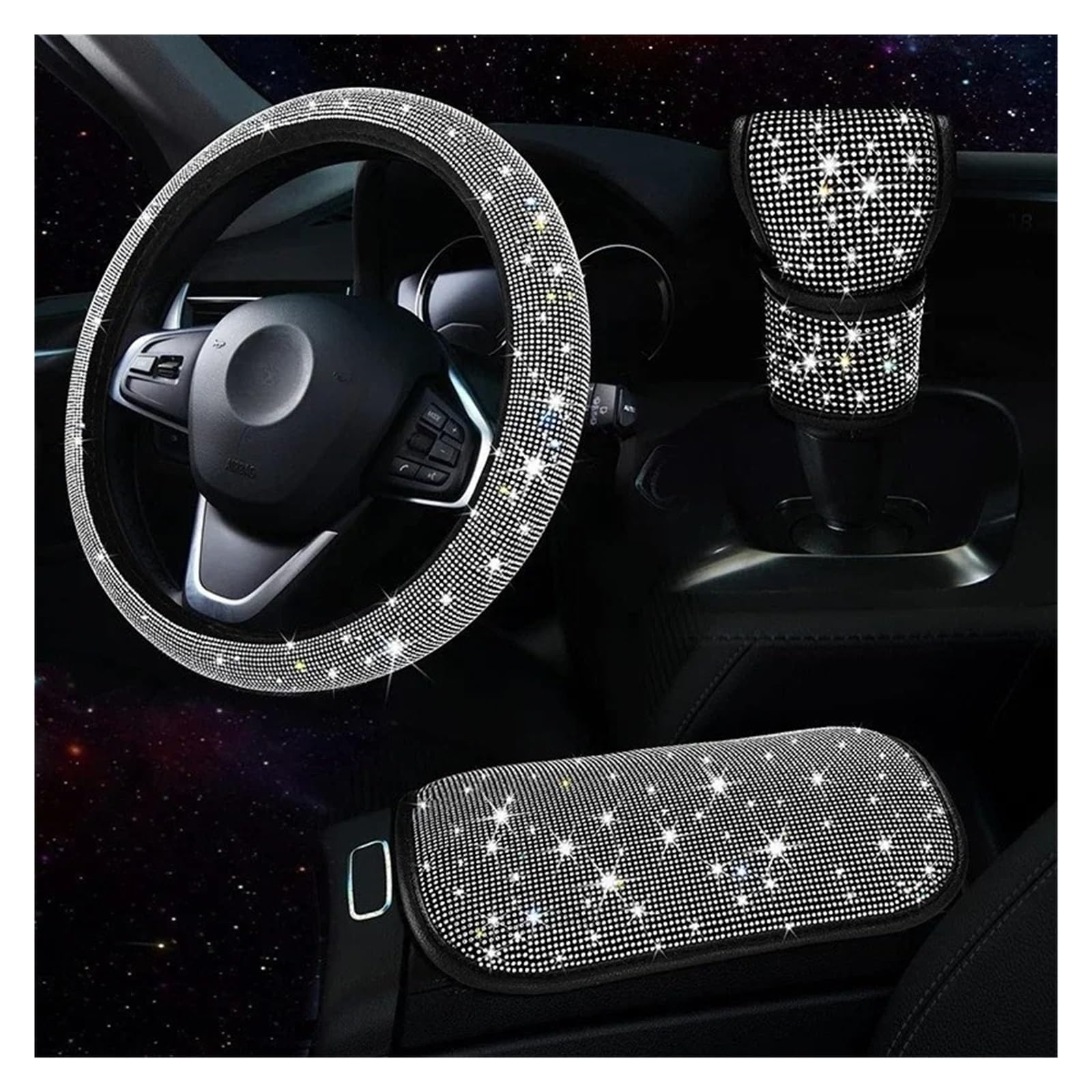 Auto Lenkradbezug 3Pcs Strass Lenkrad Abdeckung Schalthebel Abdeckung Armlehne Matte Pad Bling Auto Decortion Styling Auto Zubehör Set Auto Lenkradabdeckung(White) von tnbru