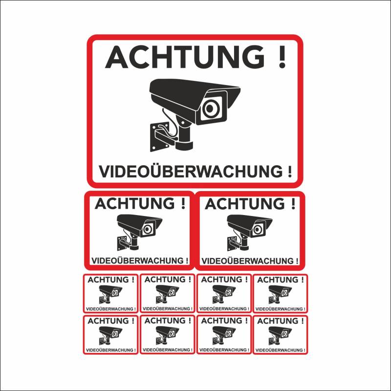 tradercat Aufkleber 10+1 XXL Set Kamera Achtung Videoüberwachung - 20cmx28cm Warnaufkleber/Hinweisaufkleber für Innen und Aussen mit UV-Schutz-, Hinweis/Gefahr Schild – Digitaldruck von tradercat