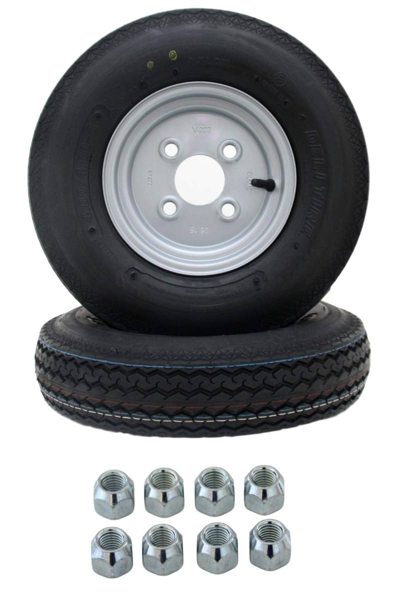 2 Stück Anhänger Deli Reifen Ersatzrad für Stema DDR !! Mittelloch 59mm !! Komplettrad 4.00-8/4.80-8 4PR Index 62M Rad inklusive 8x Kegelradmuttern von trailer parts4u