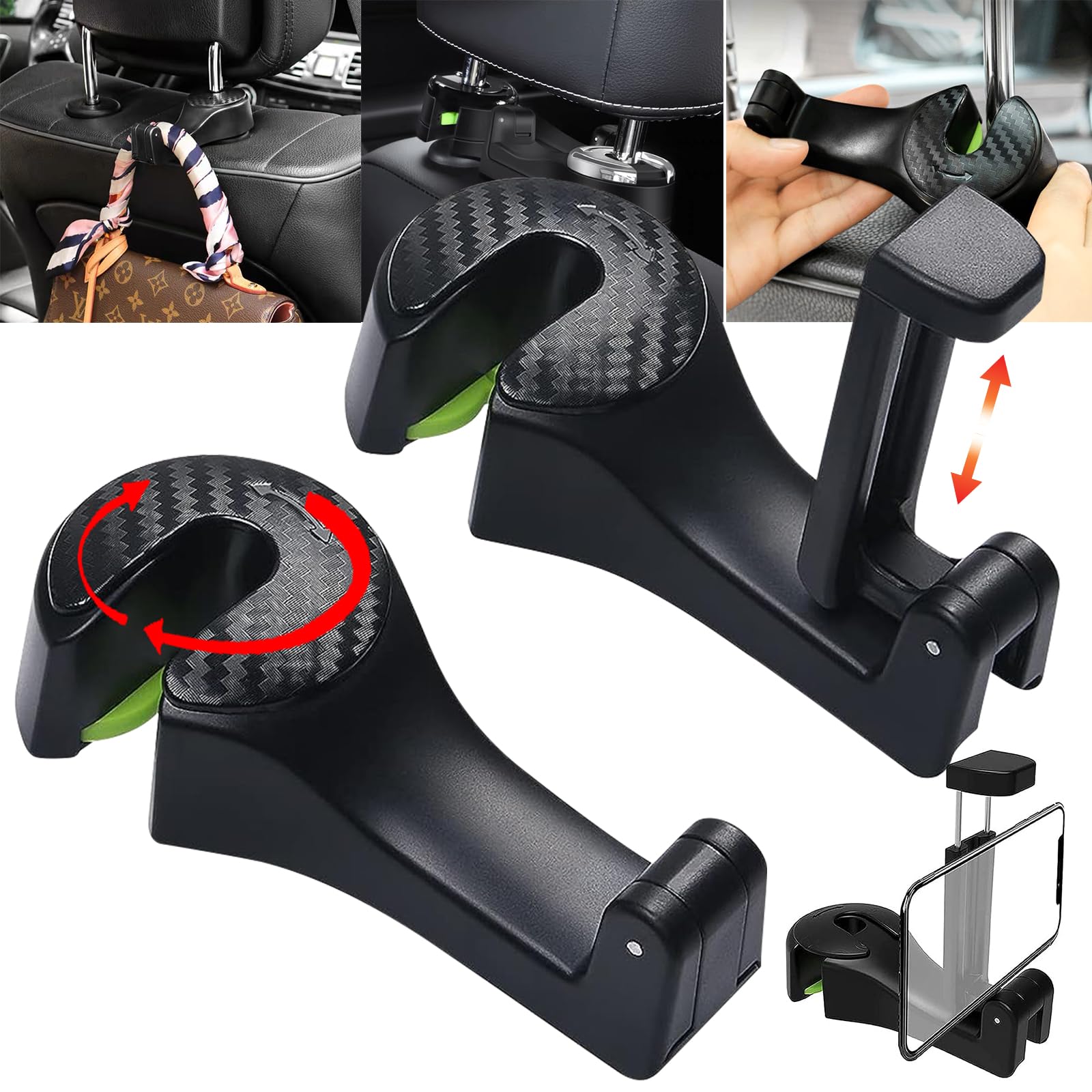 truee 2 Stück 2 in 1 Autositz Haken Halter, 360°Drehung Haken für Autositze, Multifunktionaler Auto Haken, Kopfstützenhalterung Auto Haken, Maximale Tragfähigkeit 10kg, für Lebensmittel, Handtasche von truee