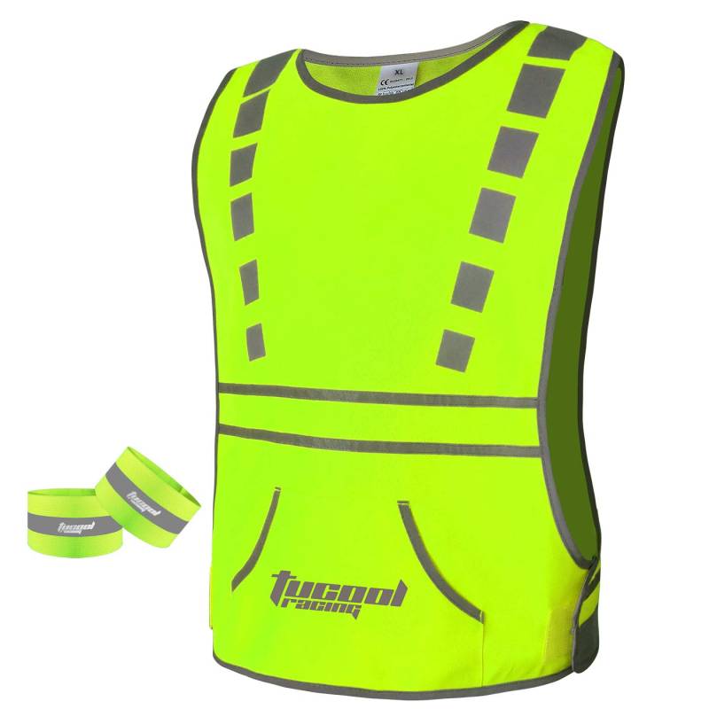 Tucoolracing Reflective Vest for Running and Cycling Motorcycling Jogging Dog Walk Vest with Pocket and 2 High Visibility Running Safety Bands (Green, XL) von tucool racing