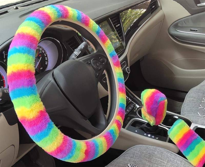 Flauschige Regenbogen gestreifte Auto Lenkradbezüge, Schaltabdeckung und Handbremsabdeckung, 3er-Set, charmantes Autoinnenausstattung für Damen von unlockgift