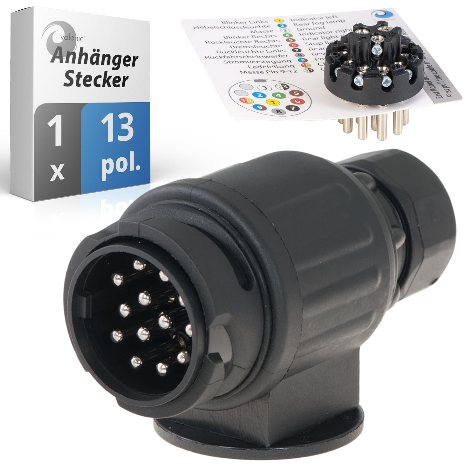 valonic Premium Anhänger Stecker - 13 polig, schwarz - inkl. Verkabelungs-Schablone - 13 poliger Anhängerstecker von valonic