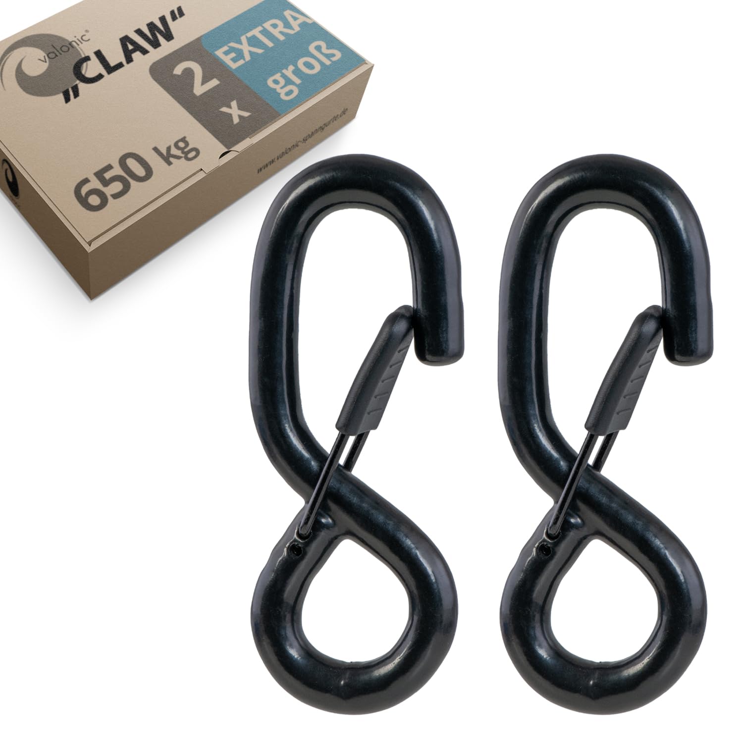 valonic Claw - S-Haken mit Sicherheitsverschluss, gummiert, 650 Kg, Karabiner Haken mit Öse, für Spanngurte, Anhänger, Gurtband, Planen, Stange, schwarz von valonic