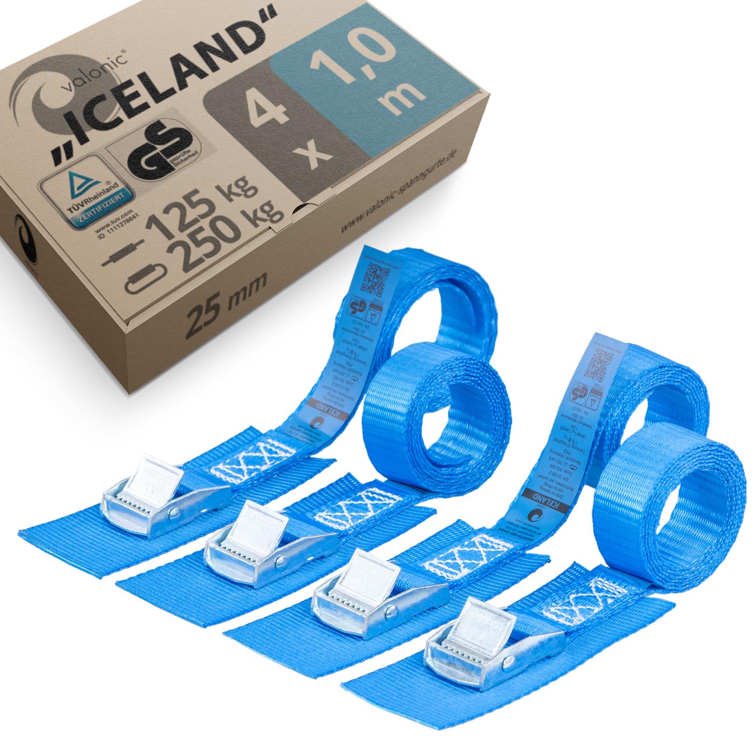 valonic ICELAND - kurze Spanngurte, TÜV Rheinl. / GS zertifiziert, mit Pad, 1m, 25mm, 250kg, EN-12195-2 - 4 Stück Spanngurt mit Klemmschloss für Fahrradträger, Fahrrad, Kajak, kurz, blau von valonic
