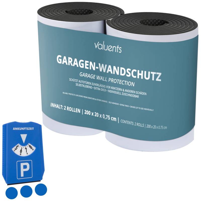 valuents 2X Garagen Wandschutz schwarz, extra dick mit 7,5mm und je 2m lang – Auto Türschutz – Türkantenschutz aus Schaumstoff – selbstklebend +Plus: Parkscheibe von valuents