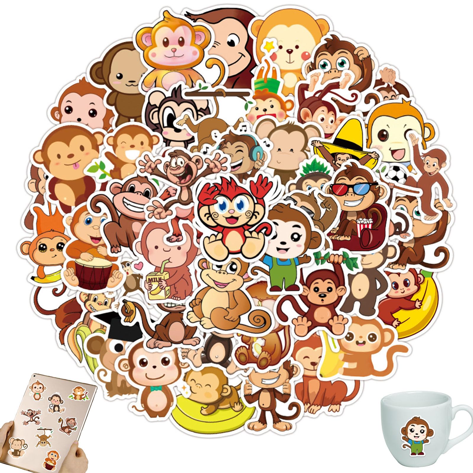 vcsjw Affen Aufkleber,50 Pcs Monkey Stickers,Animal AFFE Wasserdicht Vinyl Sticker für Laptop Scrapbook Skateboard Gepäck Auto,Geschenk für Freunde Familie von vcsjw