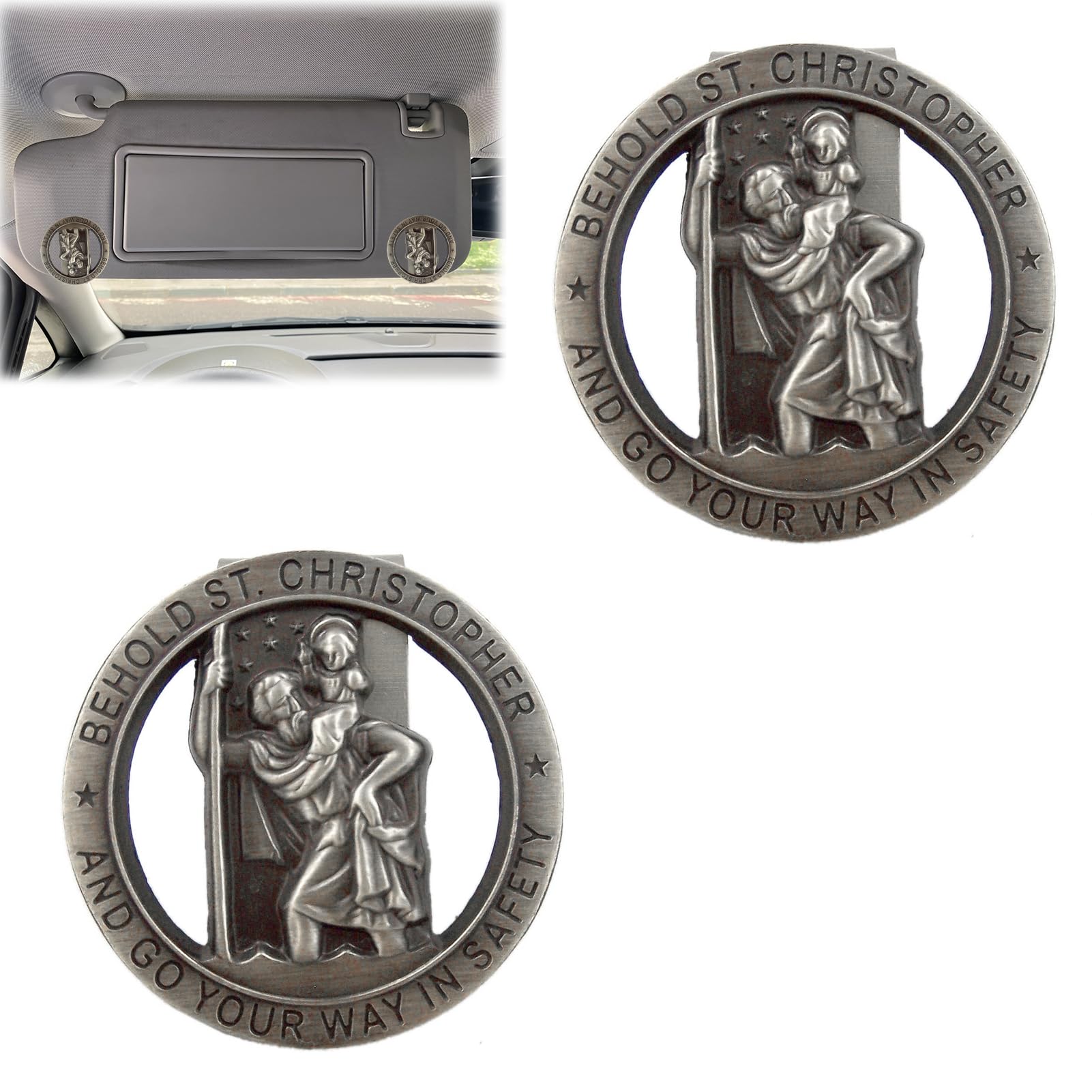 vcsjw Christopherus Auto Medaille,Heiliger Christophorus Auto Medaille 2 Stück,Auto Saint Christopher Visierclip Runde St Christopher Medaille Abzeichen Clip,Beschütze Uns und komm sicher nach Hause von vcsjw