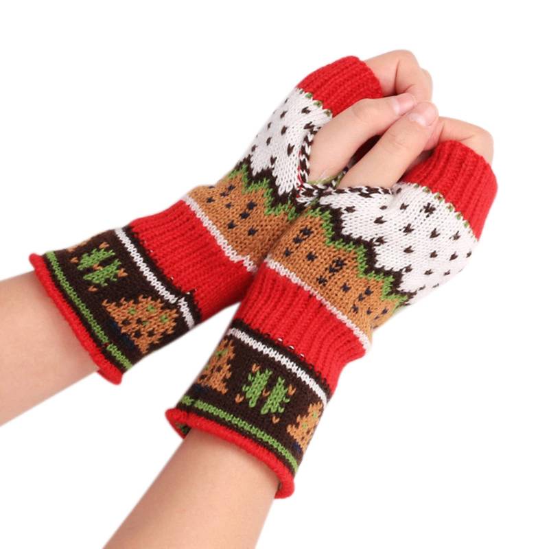 vejtmcc Damen Weihnachtsbaum Verdickte Wolle Offene Finger Stricken Bunte Warme Halbfingerhandschuhe Handschuhe Damen Touchscreen Schwarz Strick (Red, A) von vejtmcc