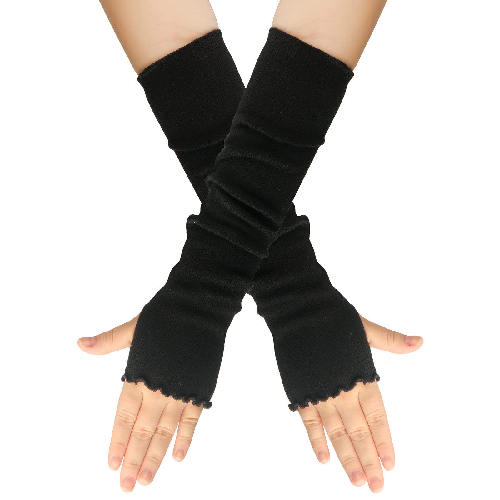 vejtmcc Frauen Winter fingerlose Handschuhe Daumenlöcher für halbe Finger Fäustlinge fingerlose dehnbare warme lange Handschuhe Für Erwachsene (Black, One Size) von vejtmcc