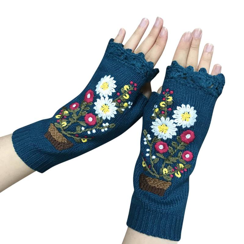 vejtmcc Handgemachte graue gestrickte -Winter-Handschuhe für Damen Retro-Häkelhandschuhe Damenschal Winter Warm (Navy, One Size) von vejtmcc