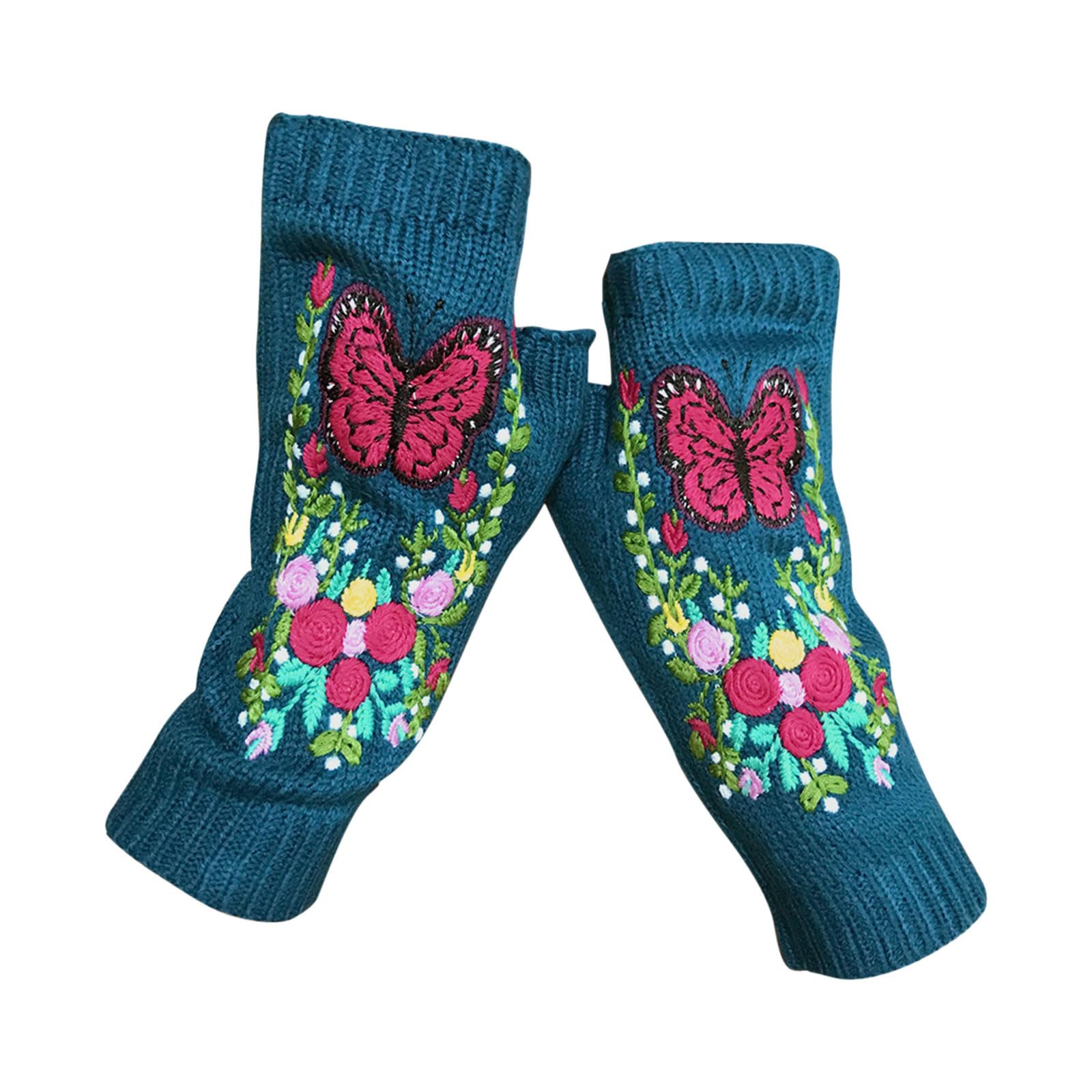 vejtmcc Handgestickte Winterhandschuhe für Damen, Winter-Schmetterlingsblume, lange warme handgestrickte Handschuhe Schwarze Handschuhe Spitze (Dark Blue, A) von vejtmcc