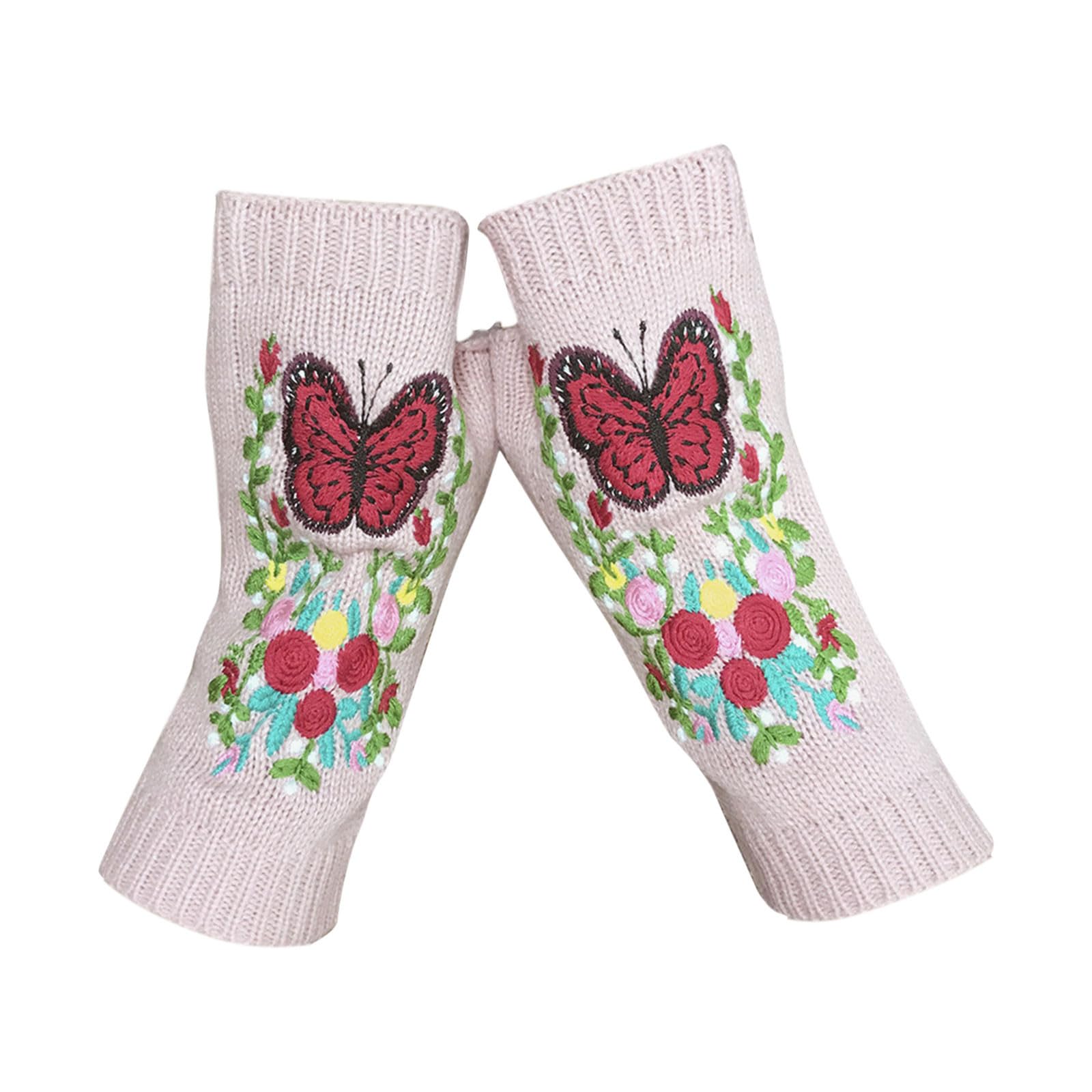 vejtmcc Handgestickte Winterhandschuhe für Damen, Winter-Schmetterlingsblume, lange warme handgestrickte Handschuhe Schwarze Handschuhe Spitze (Pink, A) von vejtmcc