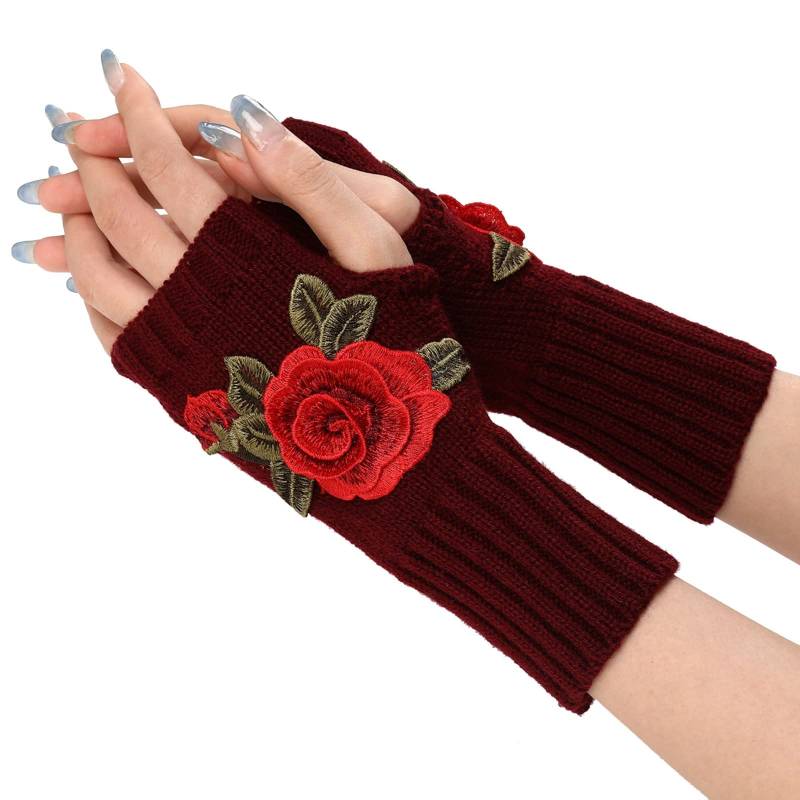 vejtmcc Warme Damen-Strickhandschuhe, wandelbare Fäustlinge, modische Blumen Kostüm Teufel Damen Kleid (Red, One Size) von vejtmcc