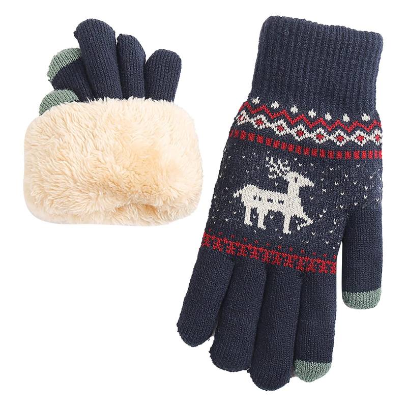 vejtmcc Winter Rehkitz Handschuhe Damen Gestrickte Plus Samt Verdickte Und Winter Warme Muster Handschuhe (Erwachsene Handschuhe) Anime Handschuhe (Navy, One Size) von vejtmcc