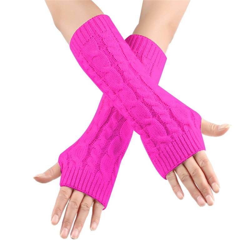 vejtmcc Women's Winter Solid Dough Half Finger Warm Knitting Wool Gloves Weiße Seidenhandschuhe (Hot Pink, One Size) von vejtmcc