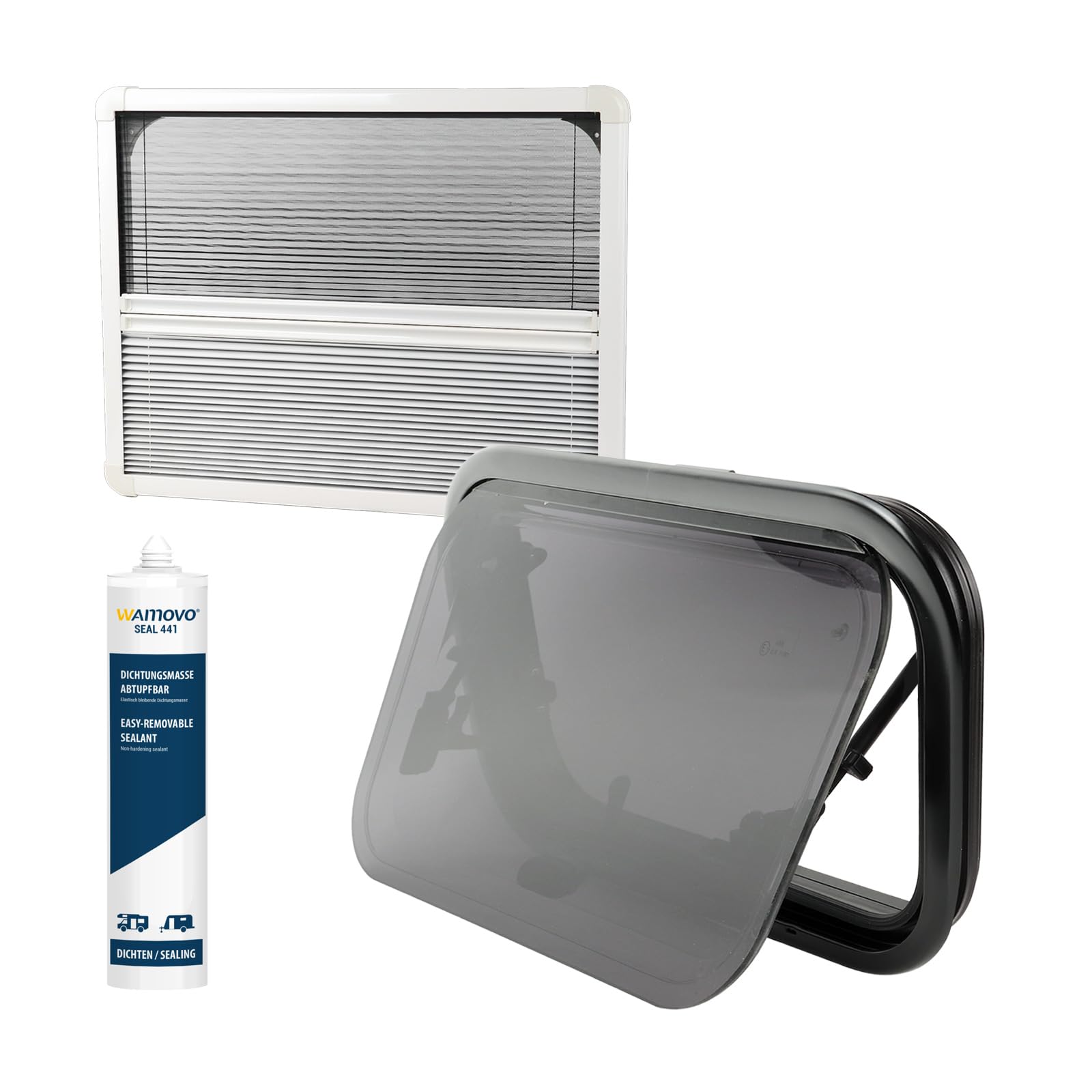Wamovo Ausstellfenster RW Compact 500x300 inkl. Verdunklung und Insektenschutz Wohnwagen Fenster Seitenfenster Camper Acrylglas von wamovo