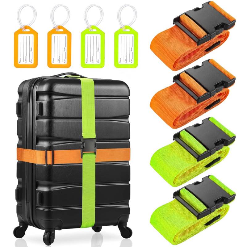 koffergurte 4 stück mit 4 Stück Gepäckanhänger Set, rutschfest Einstellbare koffer gurtband mit Adressschild, kofferbänder set auffällig für Schnell erkennen Gepäck, Reisetasche, Koffer, luggage strap von weiclianhp