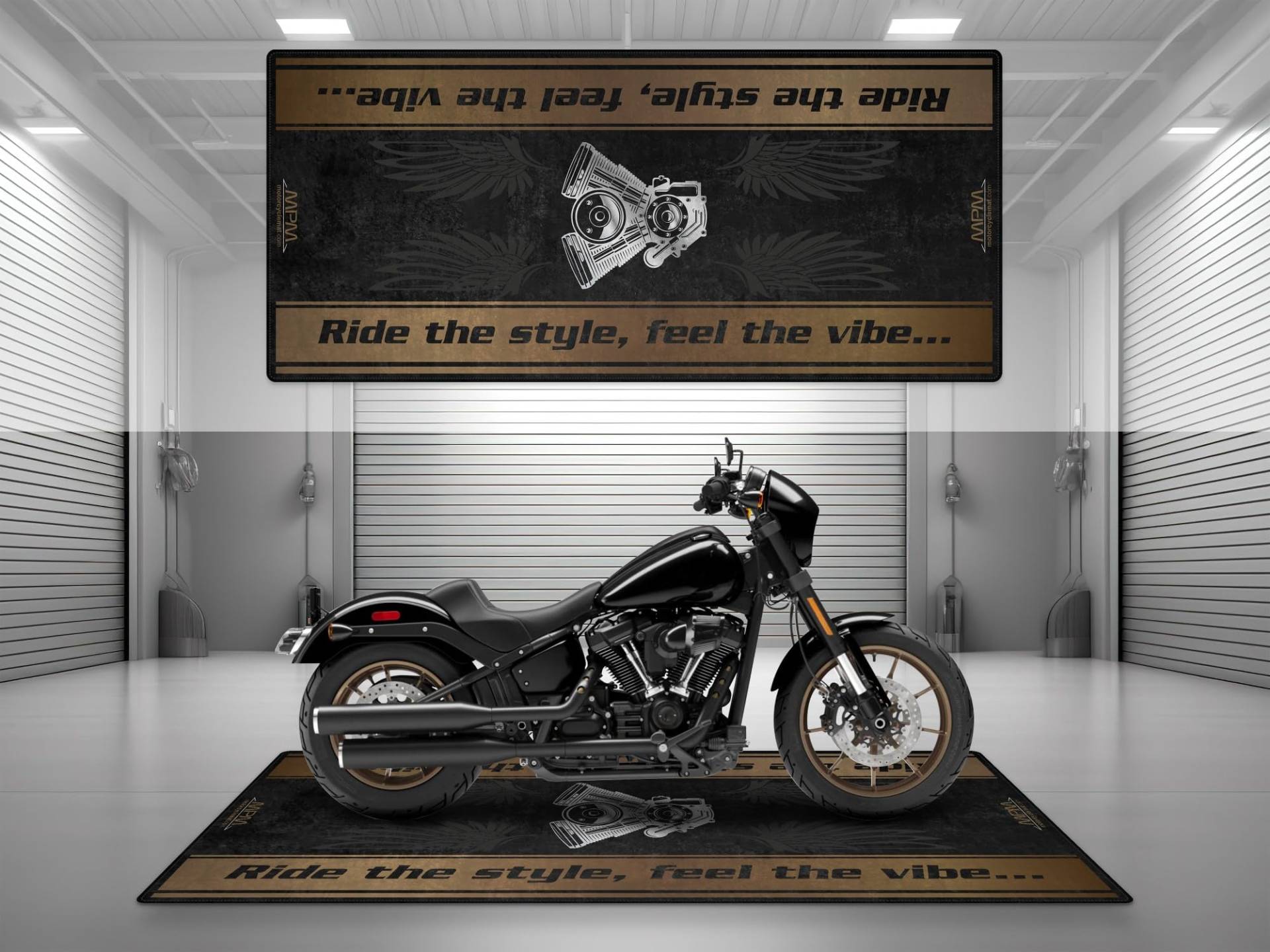 Wibeart Garage Matte Design für Chopper und Custom Motorcycles, Display und Boxenmatte, waschbare Garage für Schlupfel und Ausstellungsraum (lebendig schwarz, Größe 1:220 x 100 cm) von wibeart