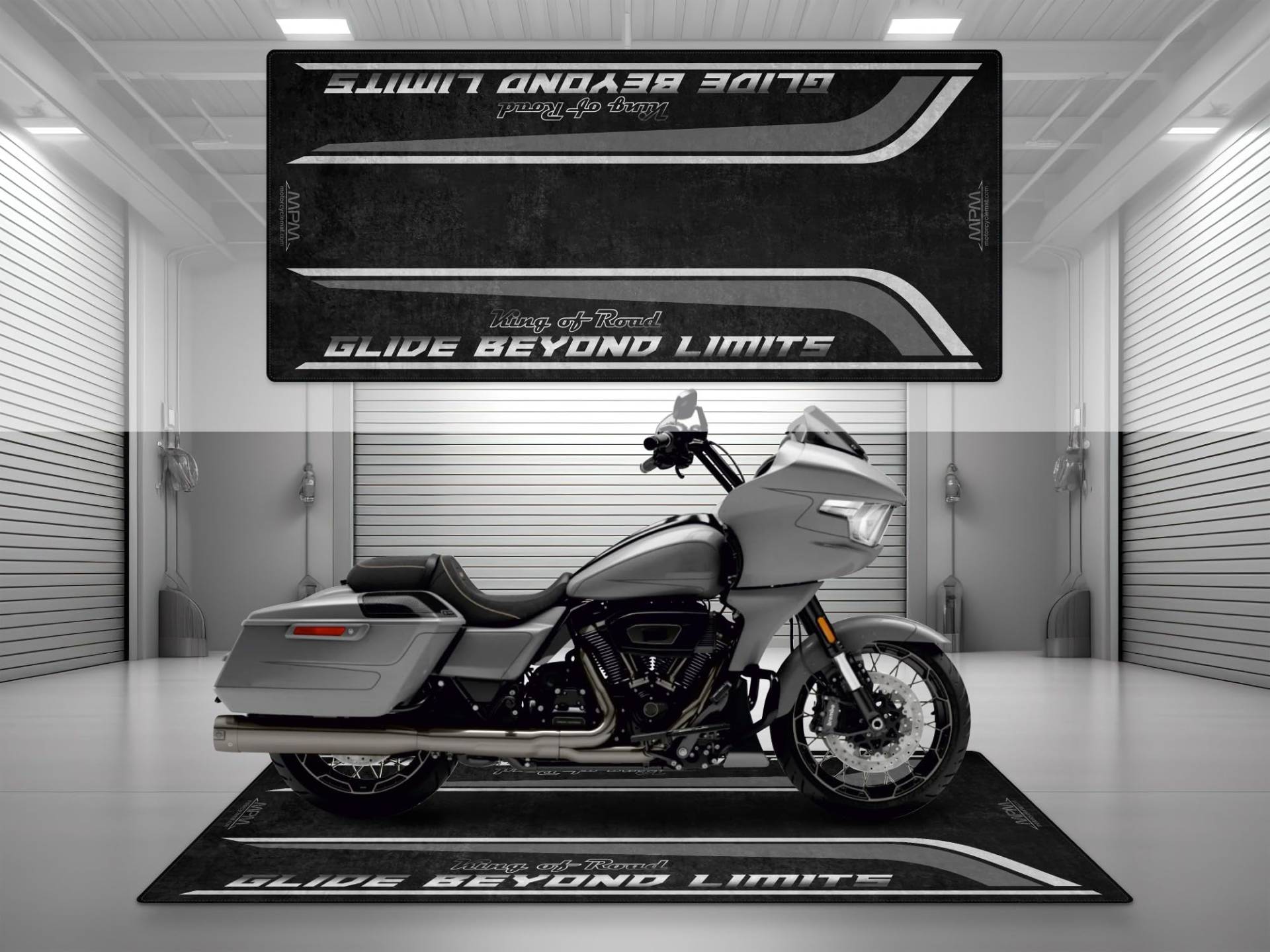 Wibeart Garage Matte mit Glide Beyond Limits für Chopper und maßgeschneidertes Motorrad, Parkmatte, waschbarer rutschfeste und Ausstellungsraumboden(Dark Platinum, Größe 2:260 x120 cm) von wibeart