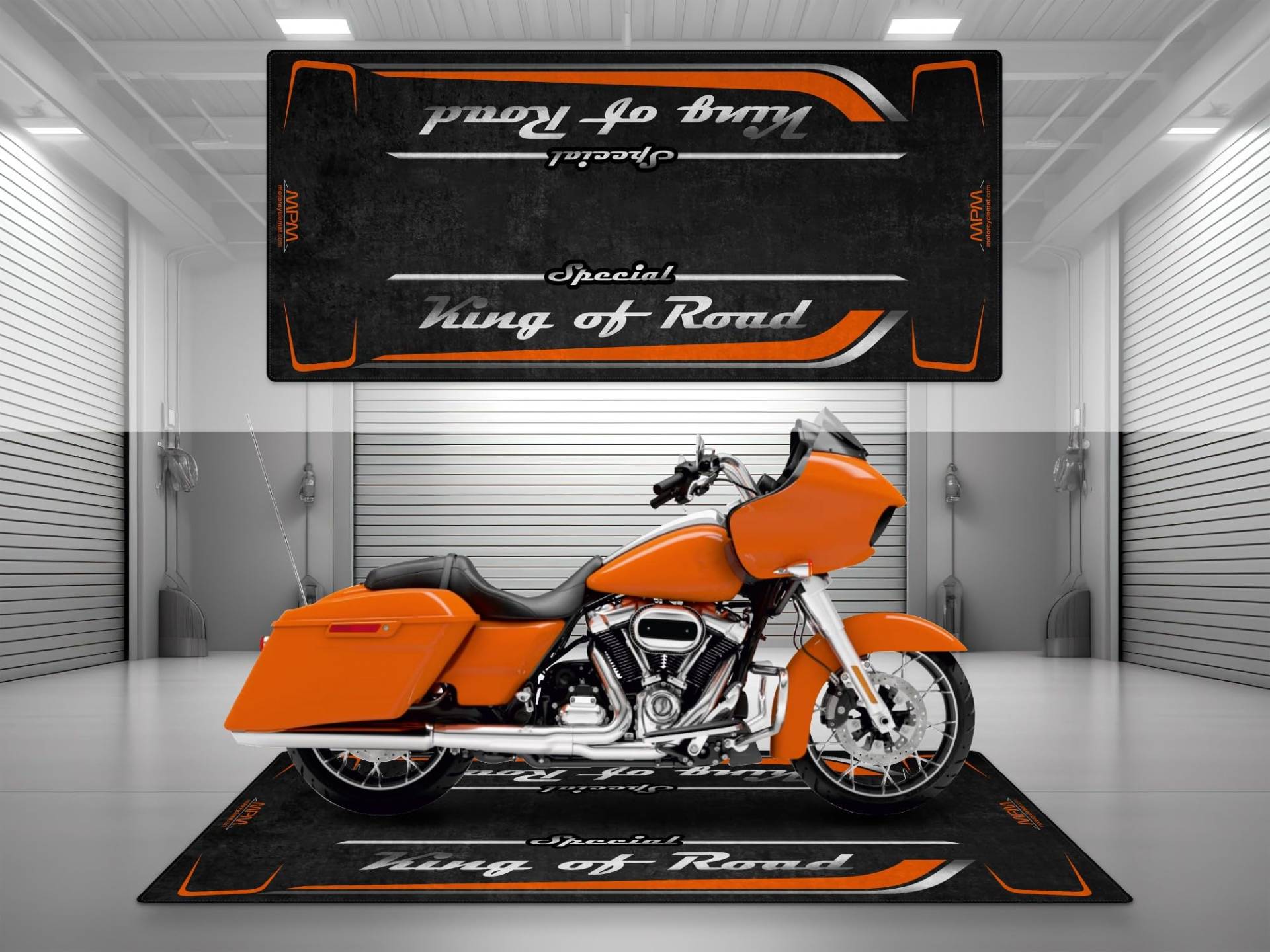 Wibeart Garage Matte mit Special King of Road für Chopper und maßgeschneiderte Motorrad, Parkmatte, waschbarer Garage und Ausstellungsraumboden Teppich (Baja Orange, Größe 2: 260 x 120 cm) von wibeart