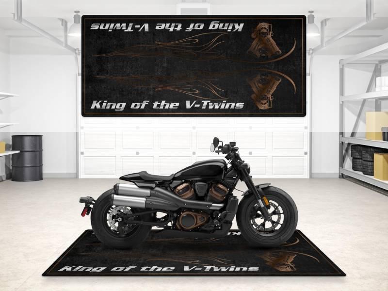 Wibeart Garage Matte V-Twins Schriftzug für Chopper und maßgeschneiderte Motorräder, Parkmatte, Waschbarer rutschfeste und Ausstellungsraum Floor Teppich (lebendig schwarz, Größe 2: 260 x 120 cm) von wibeart