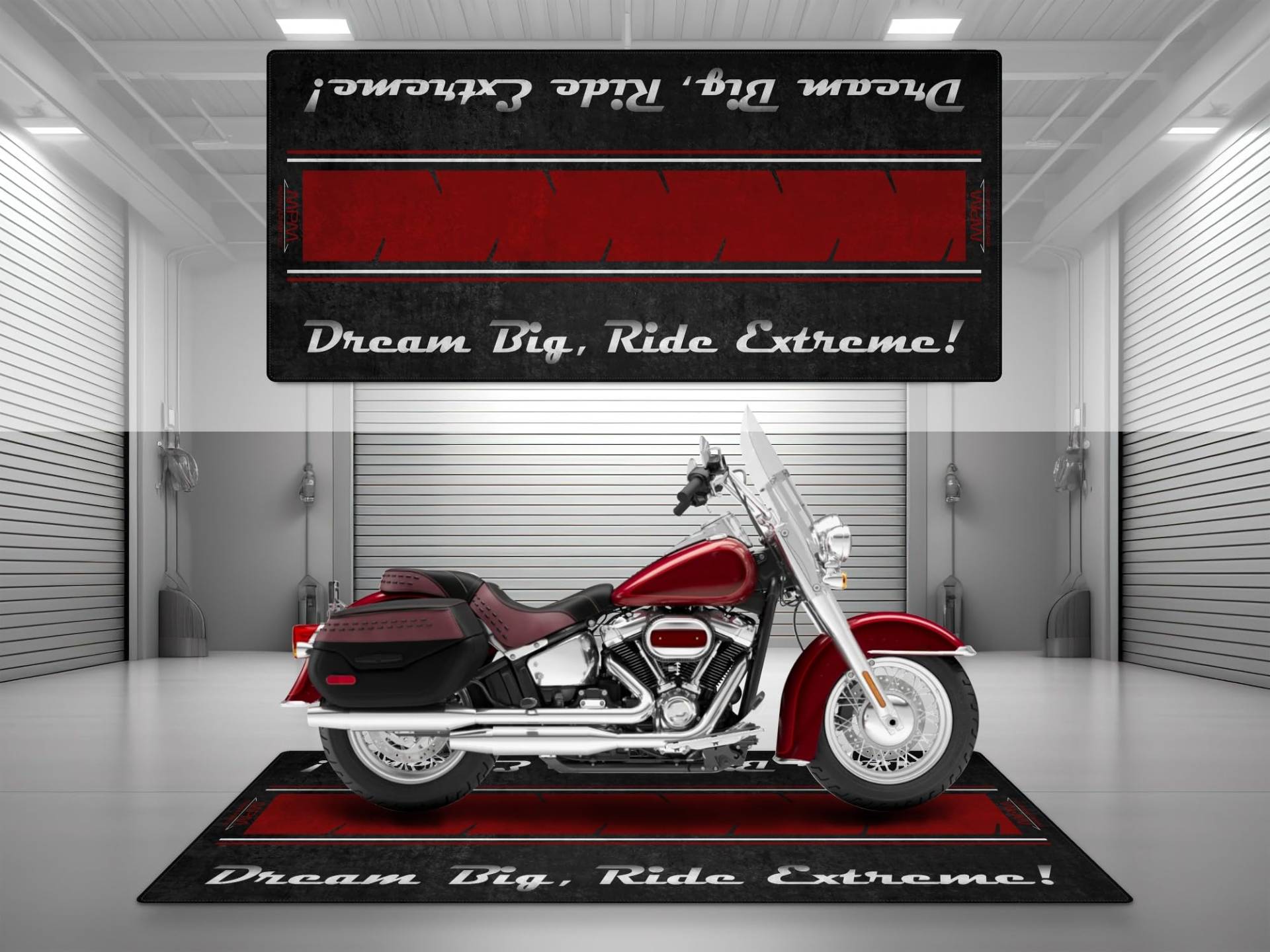 wibeart Garage Matte mit Dream Big für Chopper und maßgeschneiderte Motorrad, Parkmatte, waschbarer Rutschflecken und Ausstellungsraumboden Teppich (Erbstück Red Fade, Größe 1: 220x100cm) von wibeart