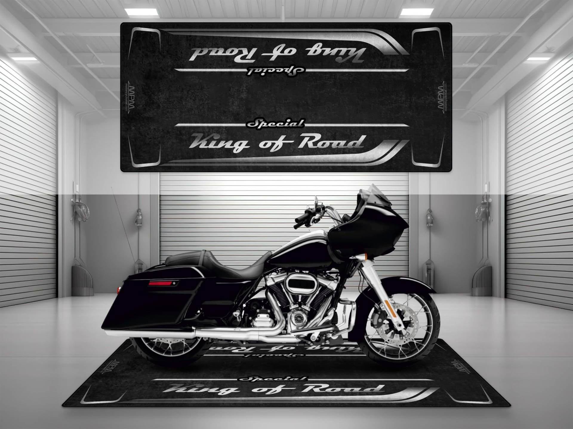 wibeart Garage Matte mit Special King of Road für Chopper und maßgeschneiderte Motorrad, Parkmatte, waschbarer und Ausstellungsroombodenteppich (lebendige Schwarz, Größe 2: 260x120cm) von wibeart