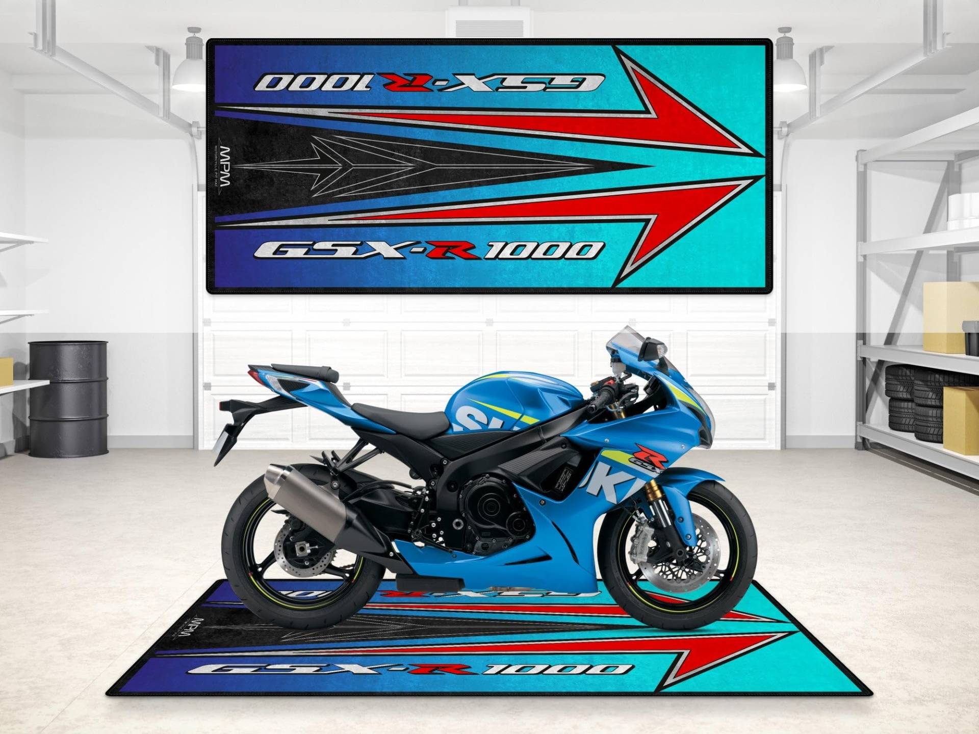 wibeart Garagenmatte für GSX R1000 Motorradmodell, Parkmatte, Boxenmatte, waschbarer Rutschfester Garagen- und Ausstellungsraum-Bodenteppich (Größe 1: 86,6 x 39,4/220 x 100 cm) von wibeart