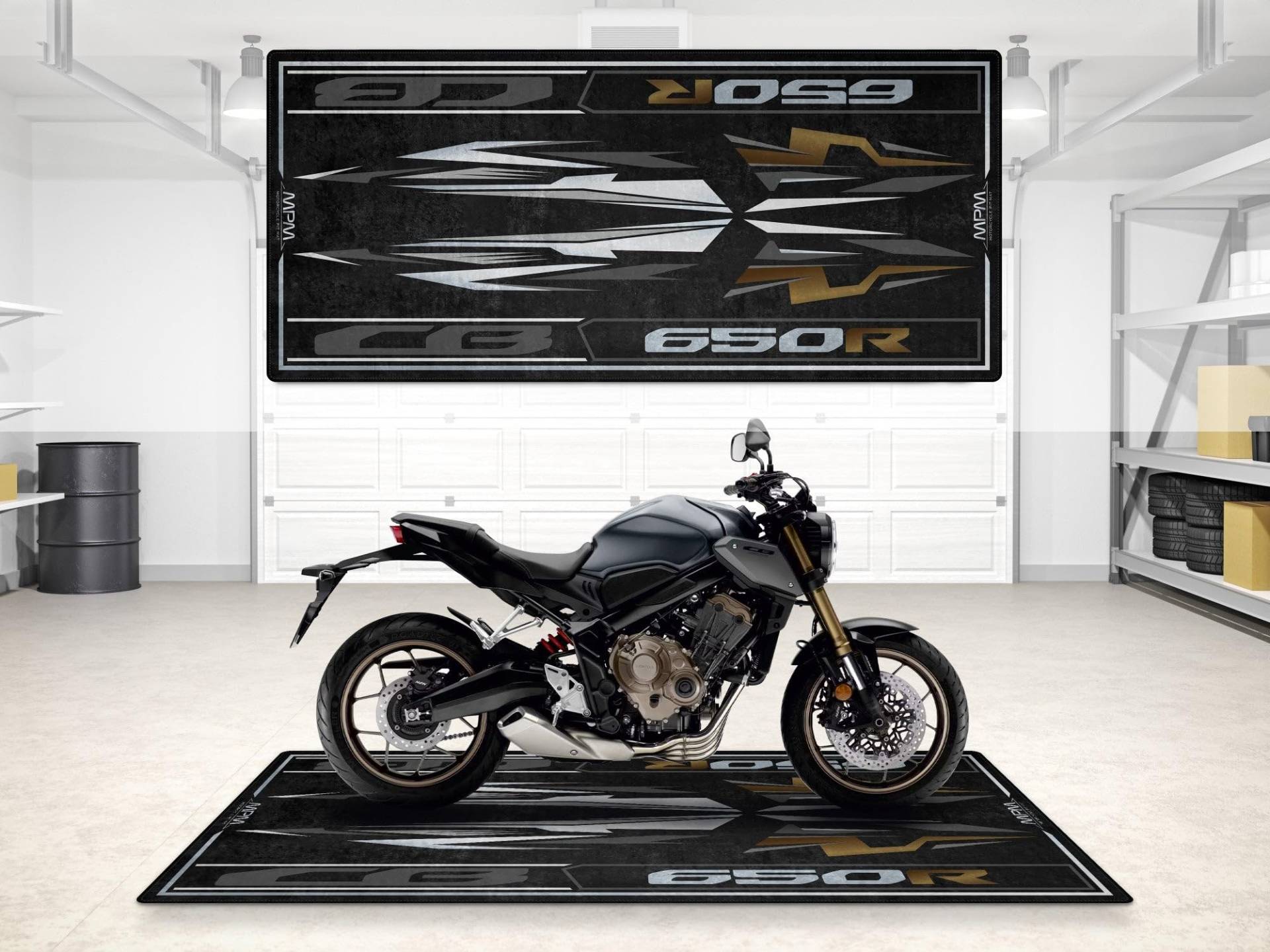 wibeart Garagenmatte für Motorradmodell CB 650R, Parkmatte, Boxenmatte, waschbarer, Rutschfester Garagen- und Ausstellungsraum-Bodenteppich (Größe 1: 86,6 x 39,4/220 x 100 cm) von wibeart