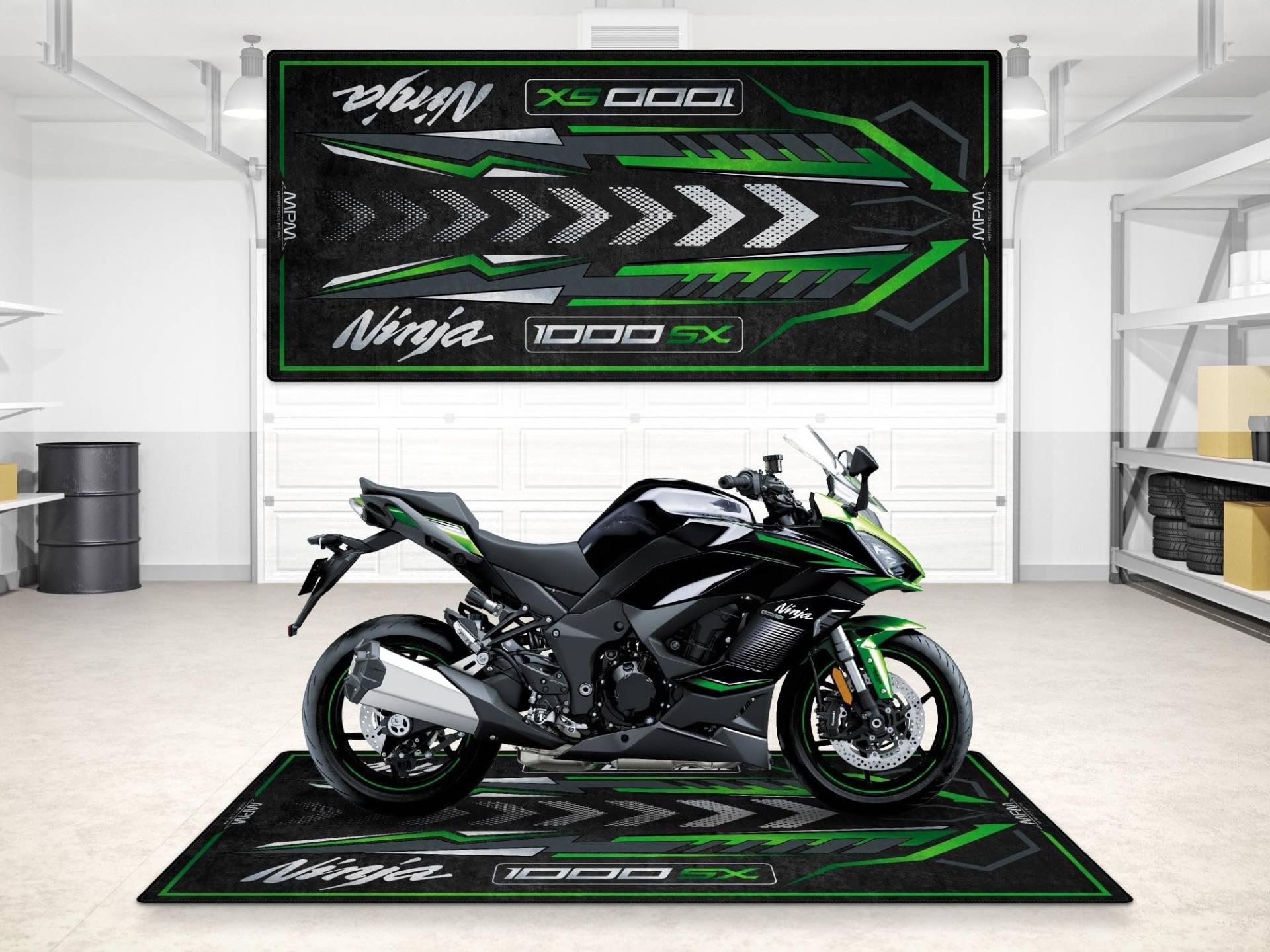 wibeart Parkmatte für Ninja 1000SX Motorräder, Garagen- und Ausstellungsmatte, Motorradmatte, Boxenmatte, waschbar, rutschfest(Emerald Blazed Green, Size 1 : 86.6 x 39.4/220 x 100 cm) von wibeart