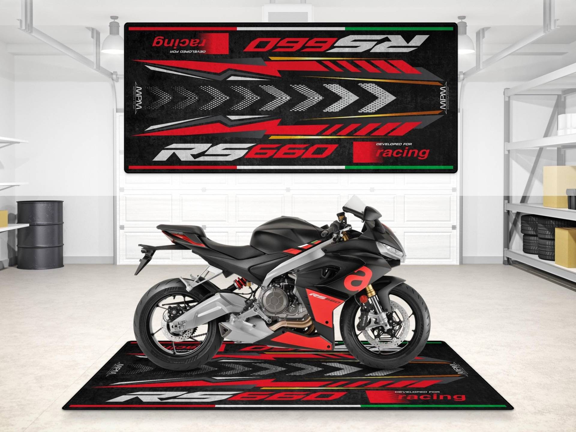 wibeart Parkmatte für RS 660 Garagen- und Ausstellungsmatte, Motorradmatte, Boxenmatte, Ausstellungsraummatte, waschbar, rutschfest, Teppich (Racing Black, Size 2: 102 x 47/260 x 120 cm) von wibeart