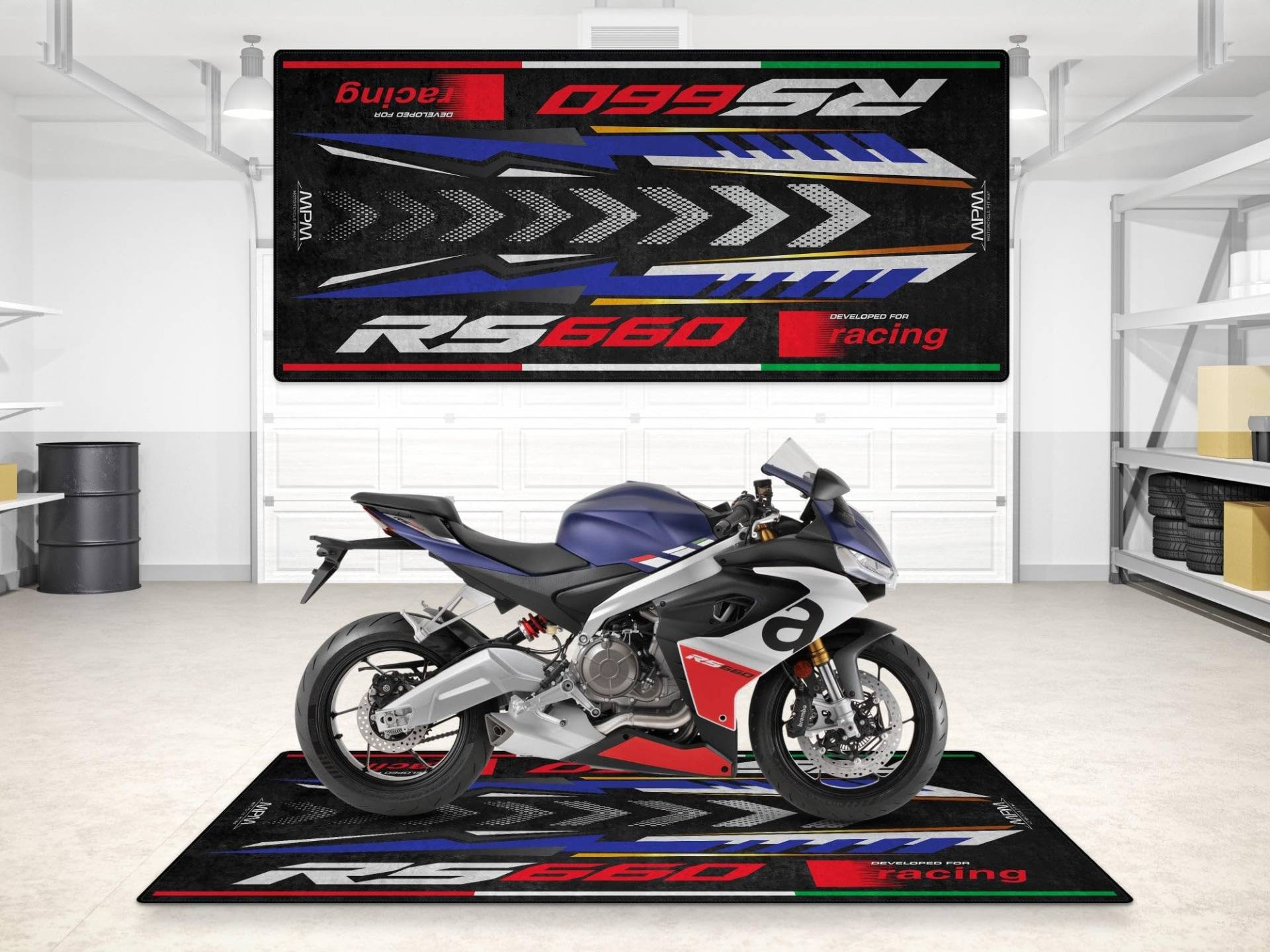 wibeart Parkmatte für RS 660 Garagen- und Ausstellungsmatte, Motorradmatte, Boxenmatte, Ausstellungsraummatte, waschbar, rutschfest, Teppich (Tribute, Size 1: 86.6 x 39.4/220 x 100 cm) von wibeart