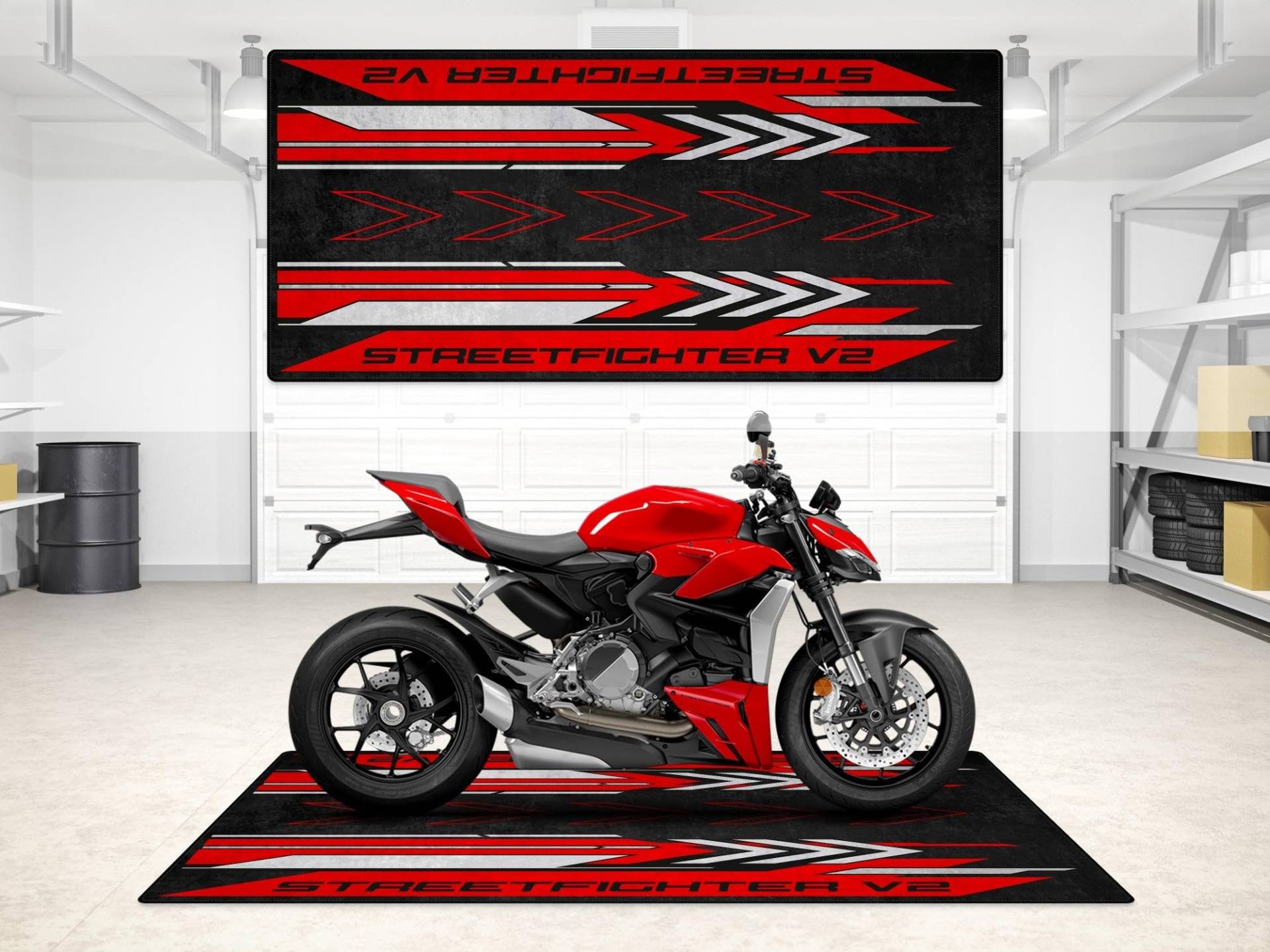 wibeart Parkmatte für Streetfighter V2 Motorräder, Garagen- und Ausstellungsmatte, Motorradmatte, Boxenmatte, waschbar, rutschfest, Teppich (Red, Größe 1 : 86.6 x 39.4/220 x 100 cm) von wibeart