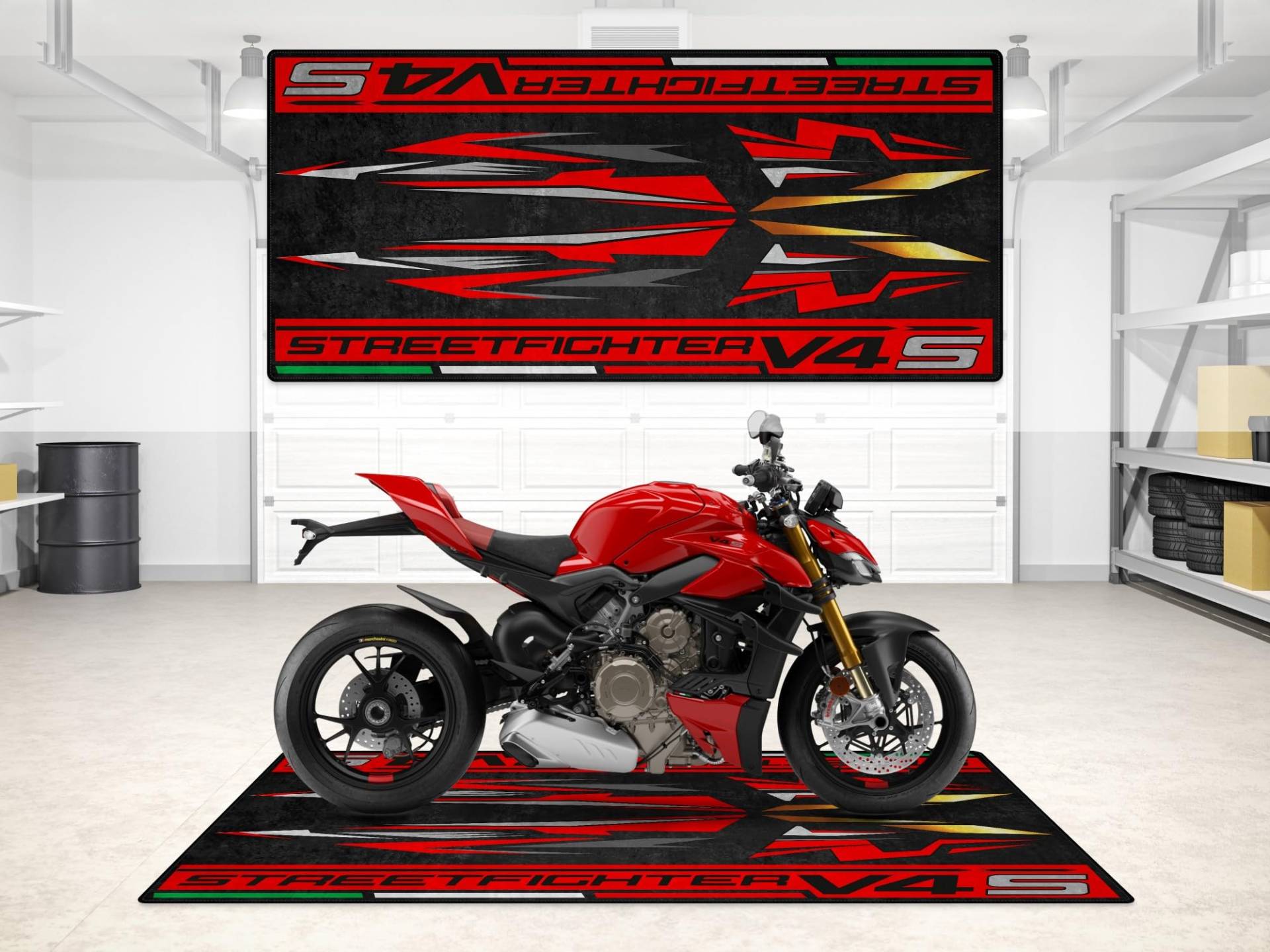 wibeart Parkmatte für Streetfighter V4 S Motorräder, Garagen- und Ausstellungsmatte, Motorradmatte, Boxenmatte, waschbar, rutschfest, Teppich (Red, Größe 1 : 86.6 x 39.4/220 x 100 cm) von wibeart