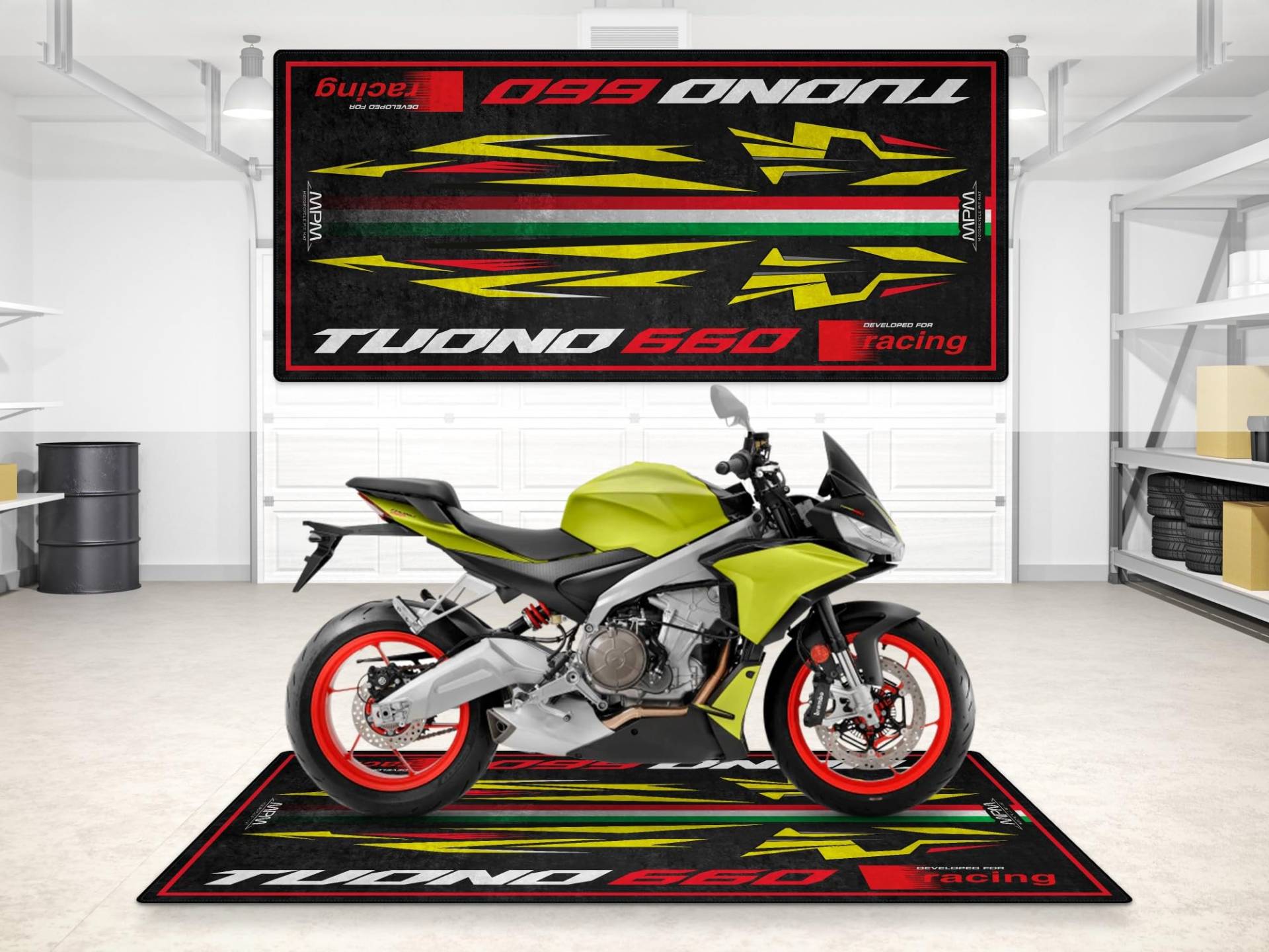 wibeart Parkmatte für Tuono 660 Garagen- und Ausstellungsmatte, Motorradmatte, Boxenmatte, Ausstellungsraummatte, waschbar, rutschfest, Teppich (Acid Gold, Size 1 : 86.6 x 39.4/220 x 100 cm) von wibeart