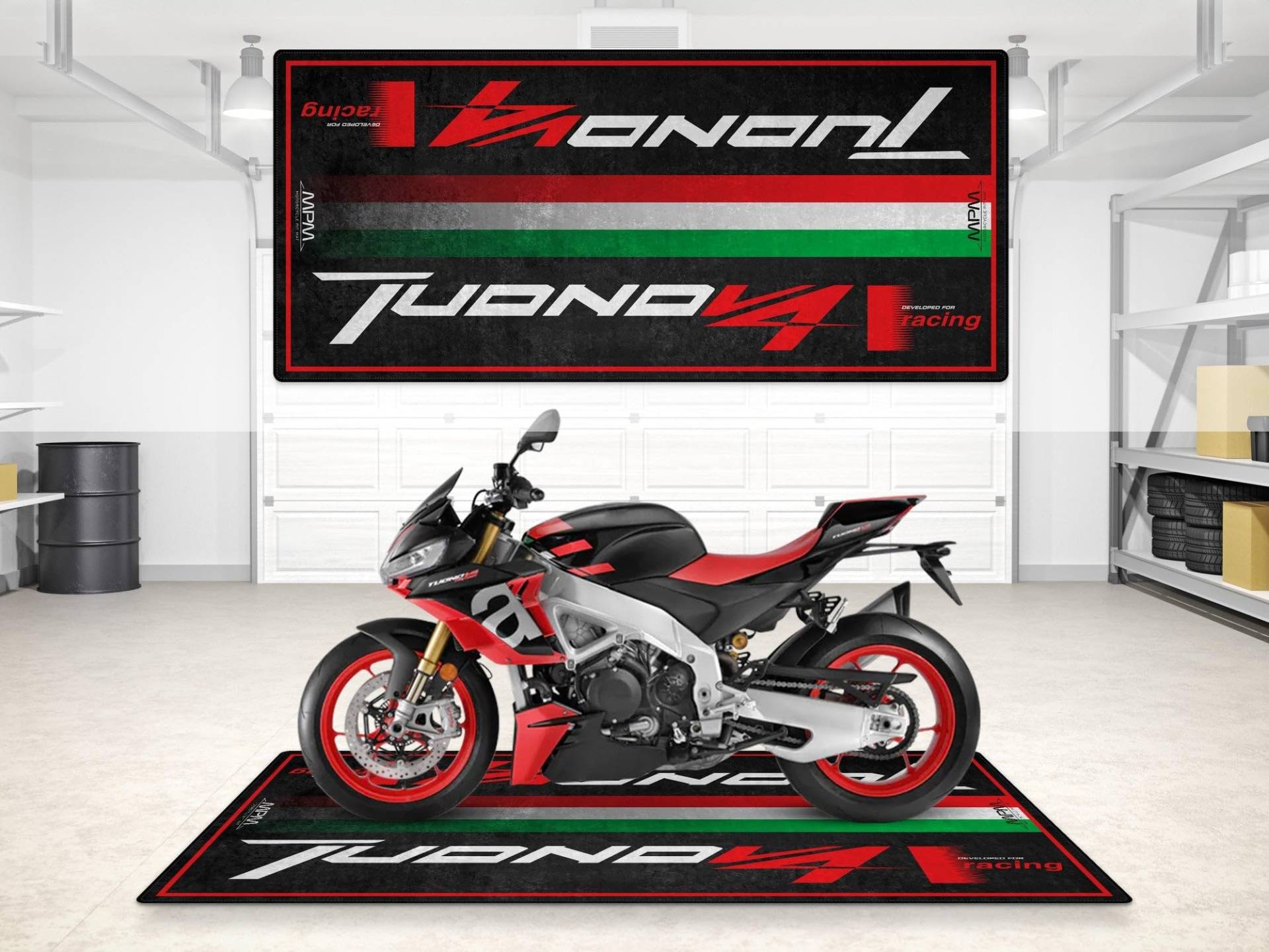 wibeart Parkmatte für Tuono V4 Garagen- und Ausstellungsmatte, Motorradmatte, Boxenmatte, Ausstellungsraummatte, waschbar, rutschfest, Teppich (Size 1 : 86.6 x 39.4/220 x 100 cm) von wibeart