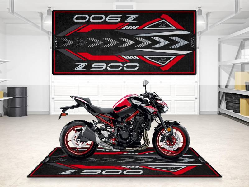 wibeart Parkmatte für Z900 Series Motorräder, Garagen- und Ausstellungsmatte, Motorradmatte, Boxenmatte, Ausstellungsraummatte, waschbar, rutschfest (Candy Persimmon Red-Ebony, Size 1 : 220x100cm) von wibeart